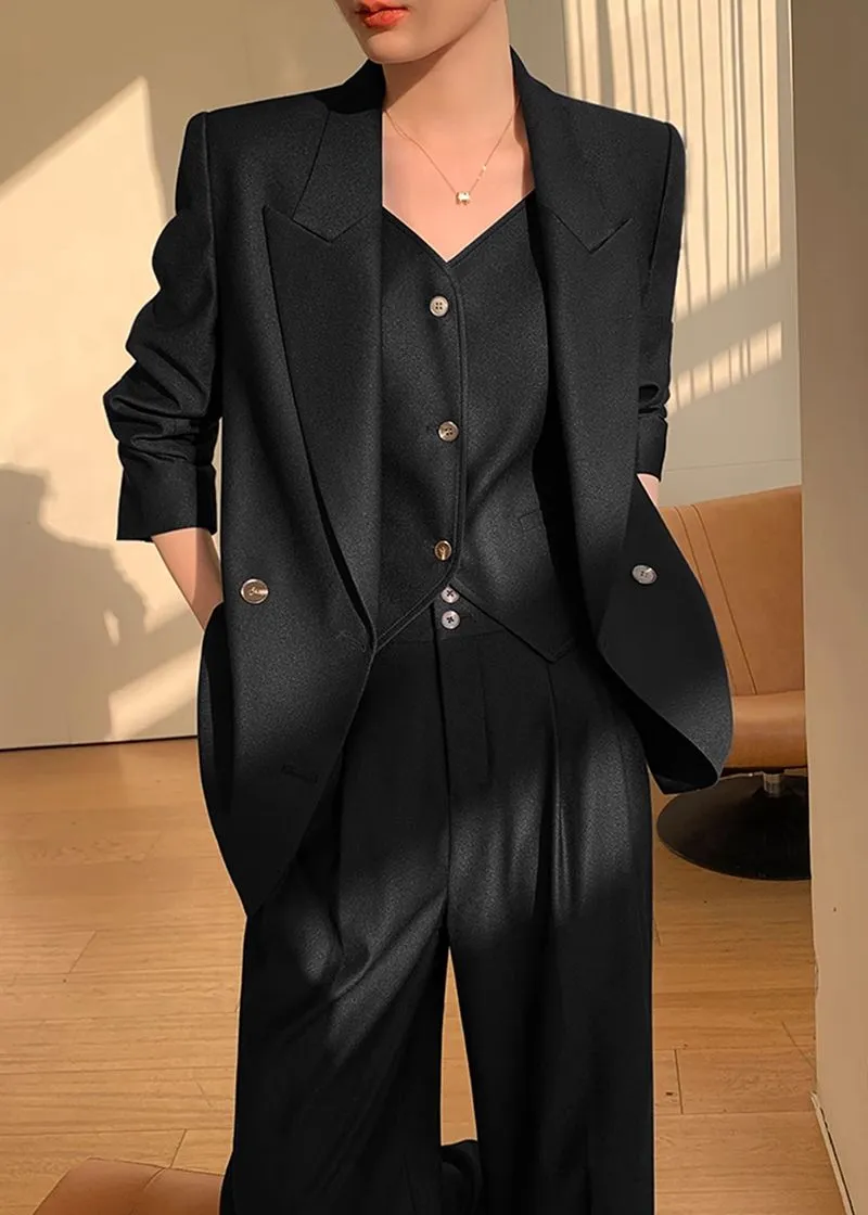 Black Double Breasted Blazer Vest Wide Pants Suit Three-Piece Set