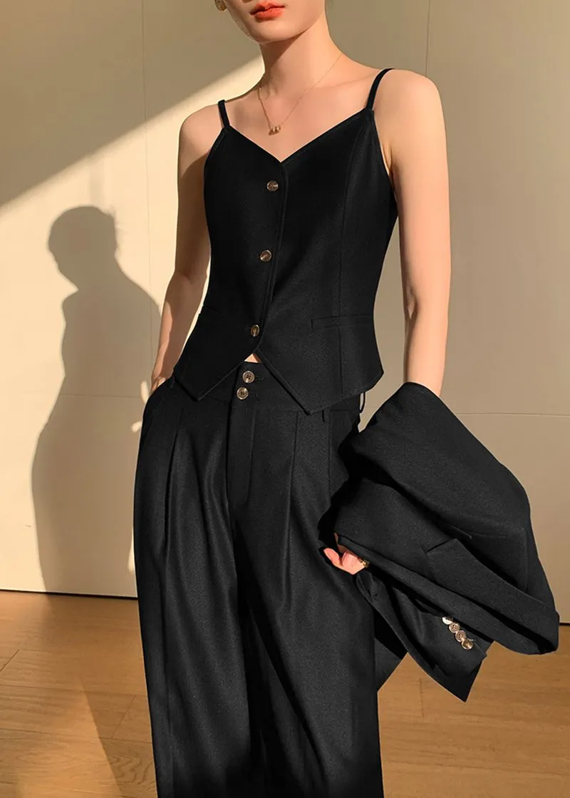 Black Double Breasted Blazer Vest Wide Pants Suit Three-Piece Set