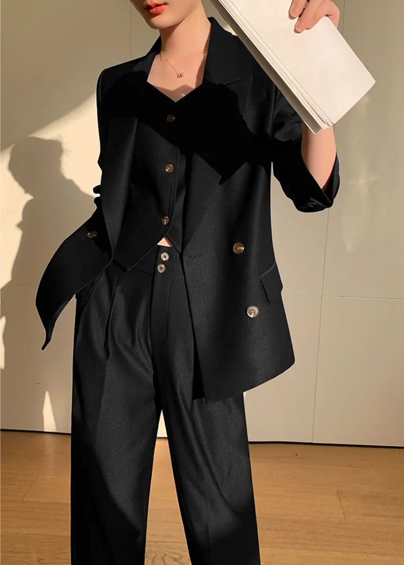 Black Double Breasted Blazer Vest Wide Pants Suit Three-Piece Set