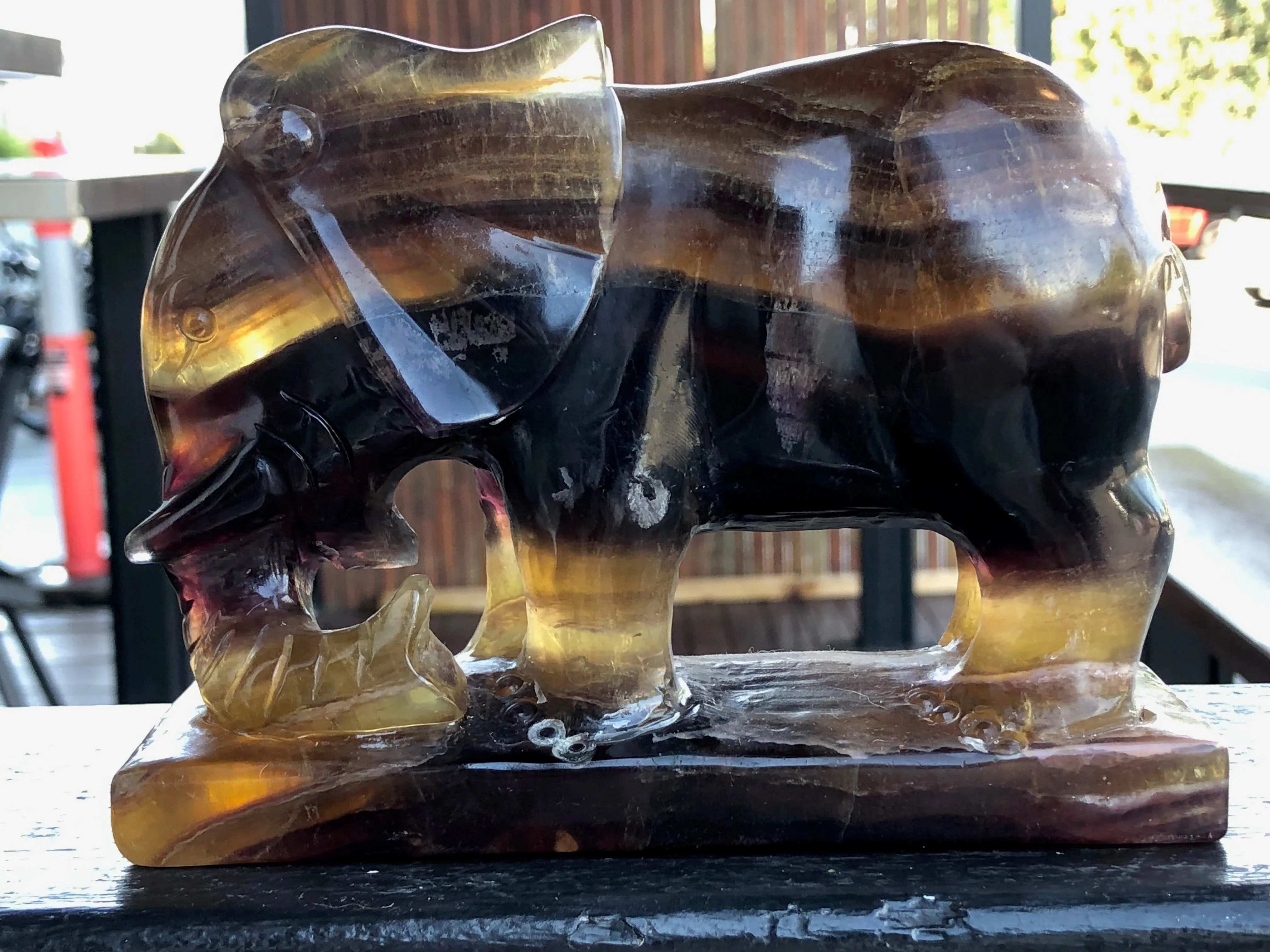 Black, Magenta and Yellow Banded Fluorite Elephant [1k1077]