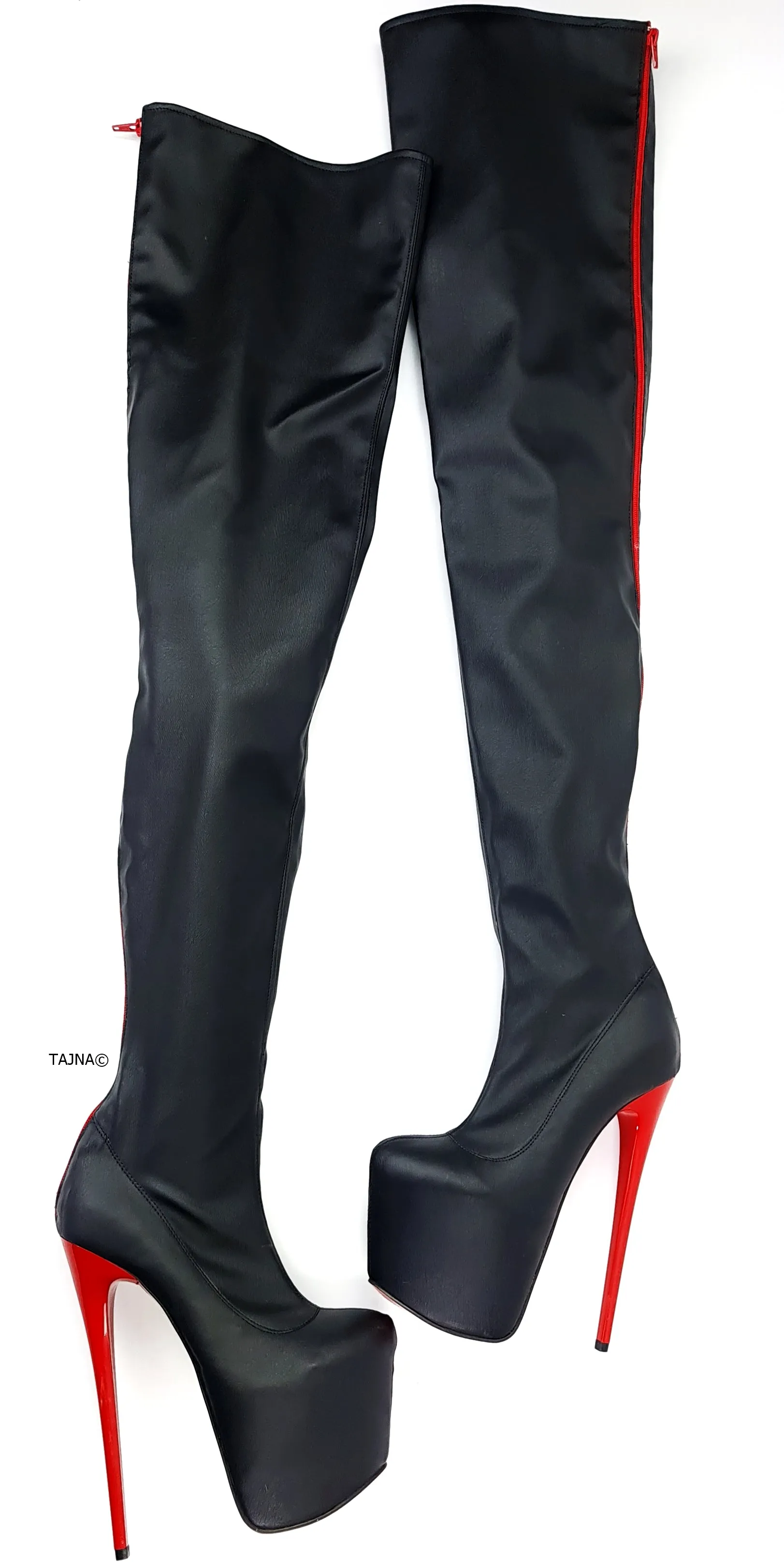 Black Red Full Zip High Heel Thigh Boots