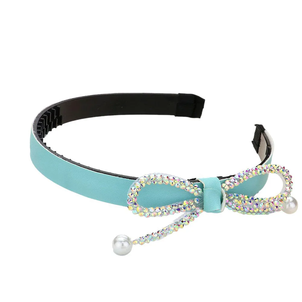 Bling Studded Pearl Tip Bow Accented Headband