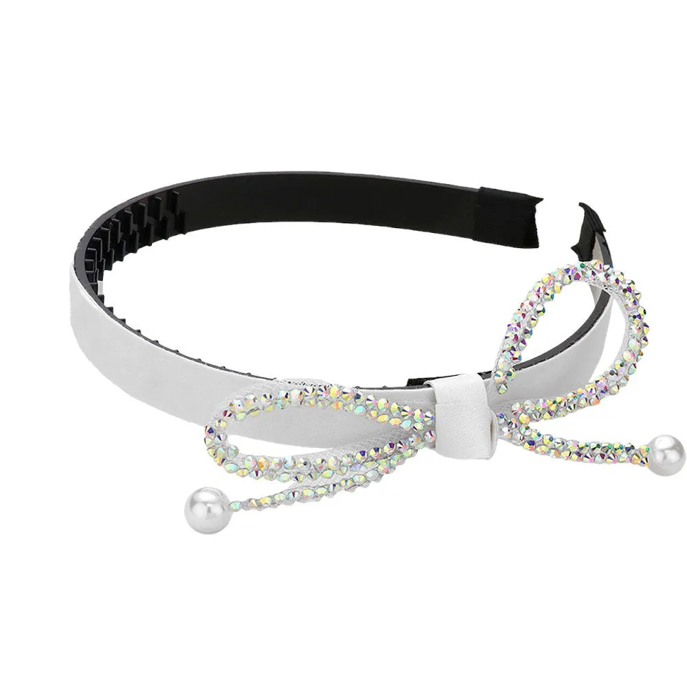 Bling Studded Pearl Tip Bow Accented Headband