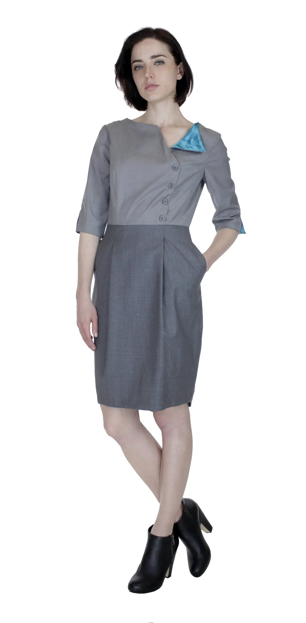 Boat Neck Asym Placket Colorblock Dress/ Grey Combo