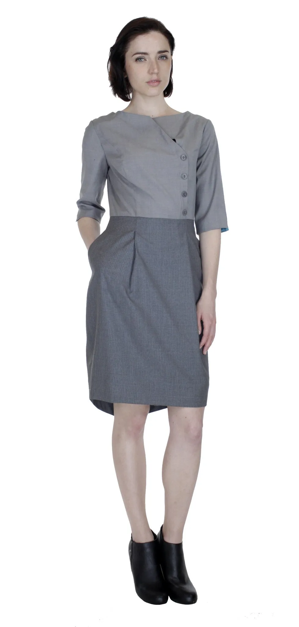 Boat Neck Asym Placket Colorblock Dress/ Grey Combo