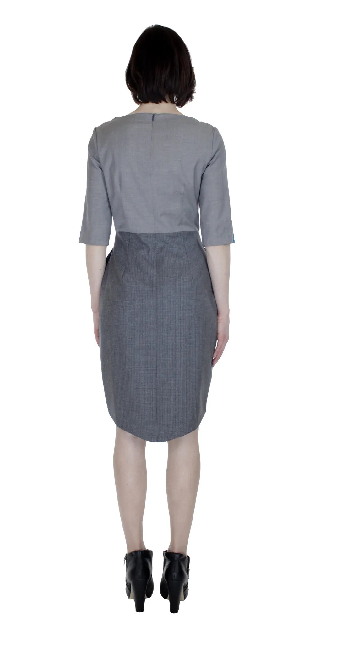 Boat Neck Asym Placket Colorblock Dress/ Grey Combo