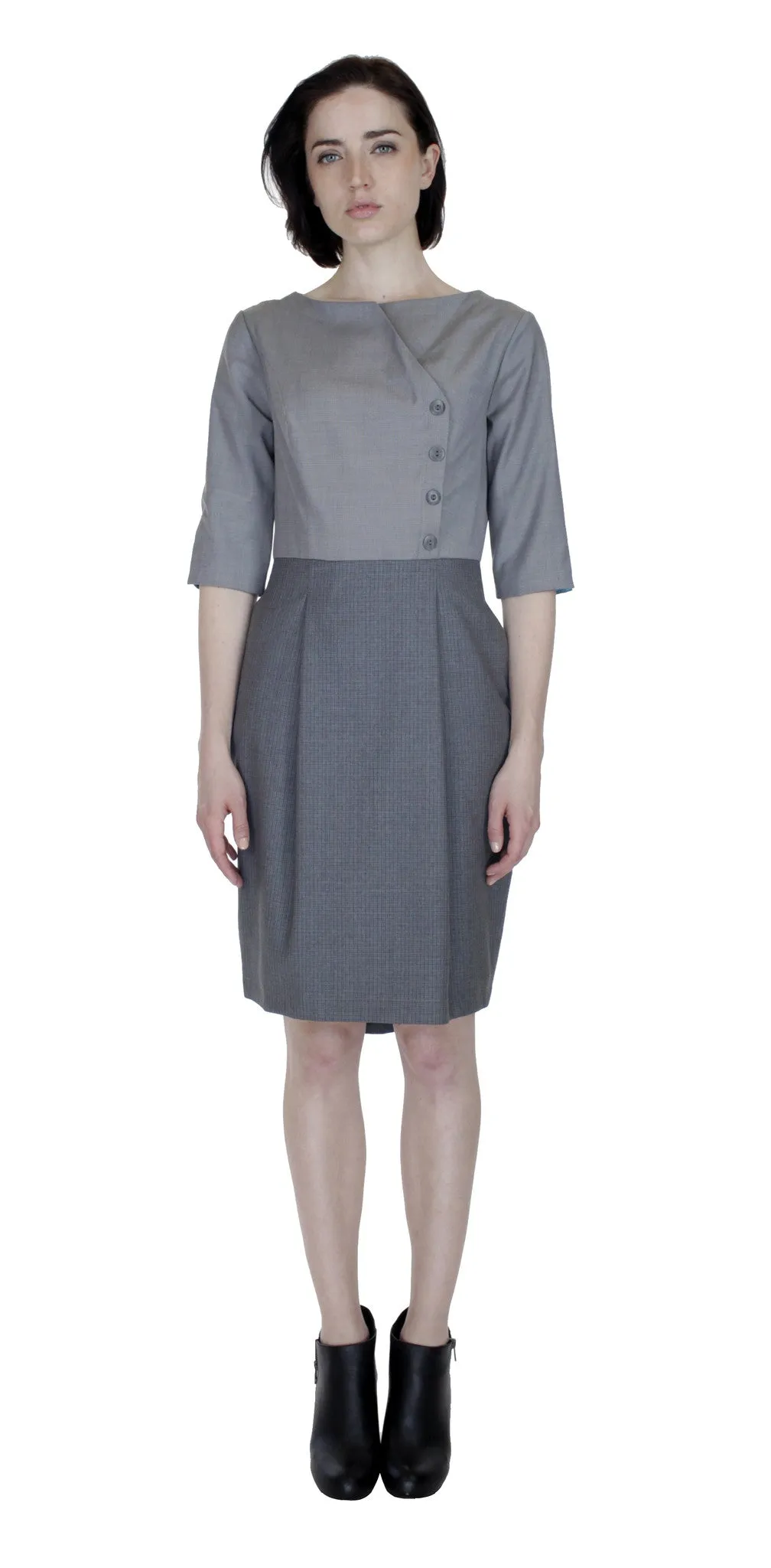 Boat Neck Asym Placket Colorblock Dress/ Grey Combo