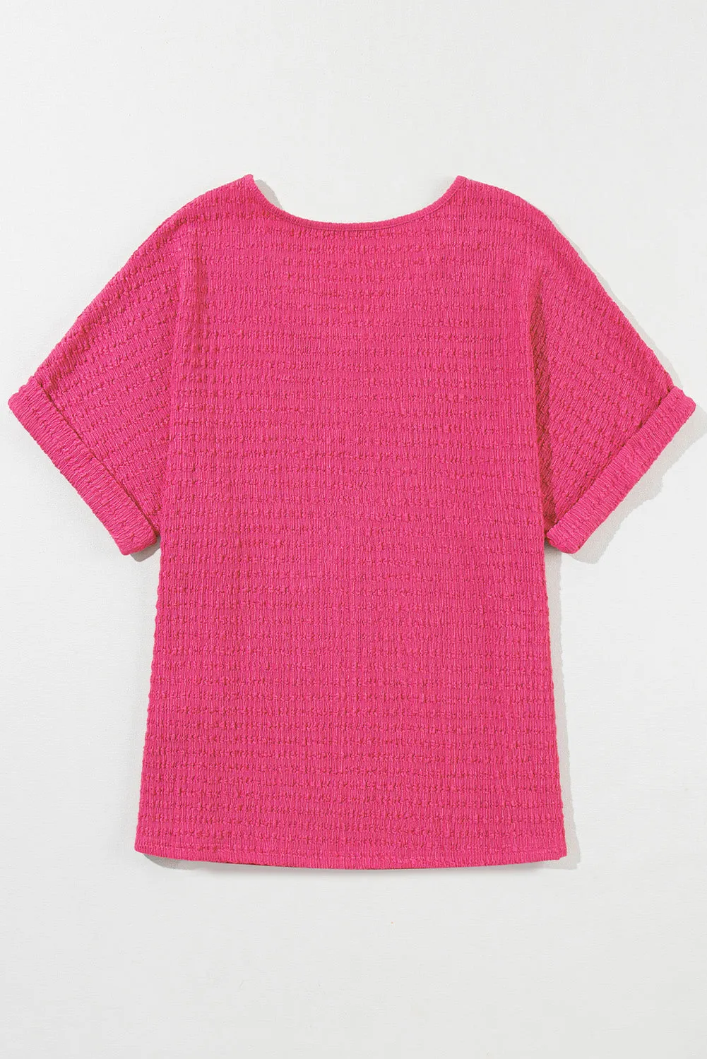 Bright Pink Textured Rolled Sleeve V Neck Tee