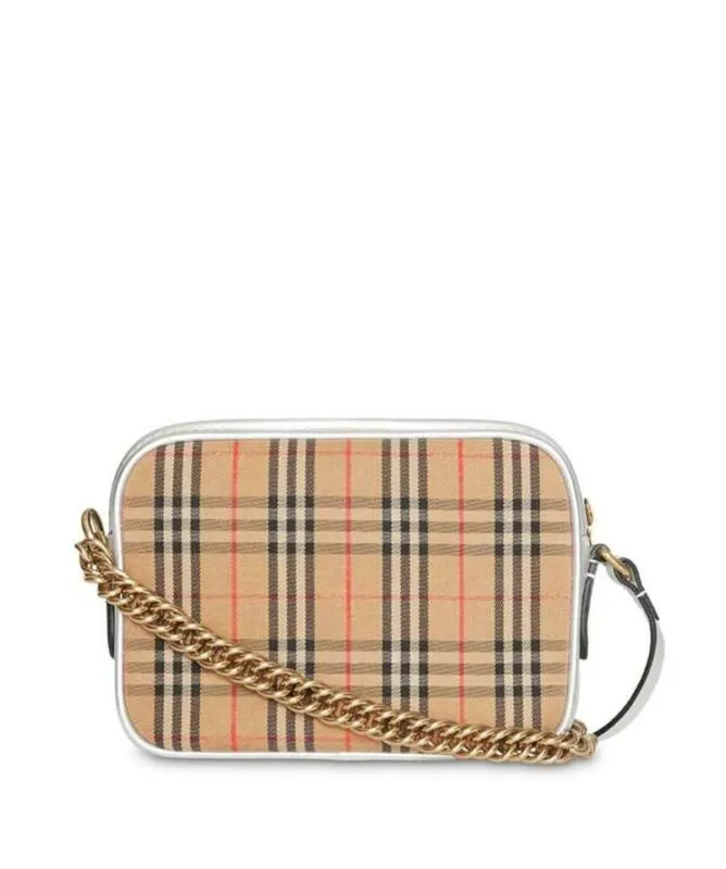 Burberry Camera Vintage Check Link Silver Canvas Cross Body Bag