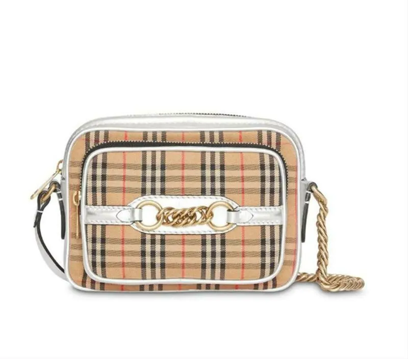 Burberry Camera Vintage Check Link Silver Canvas Cross Body Bag