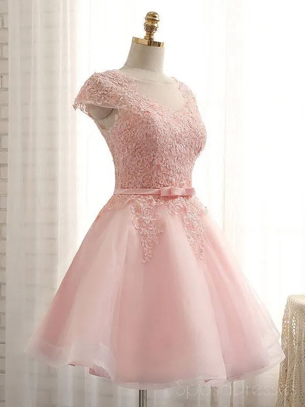 Cap Sleeve Pink Lace Beaded Tulle Short Homecoming Dresses, Cheap Homecoming Dresses, CM368