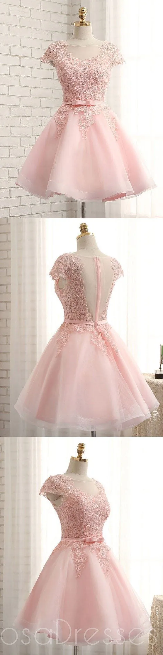 Cap Sleeve Pink Lace Beaded Tulle Short Homecoming Dresses, Cheap Homecoming Dresses, CM368