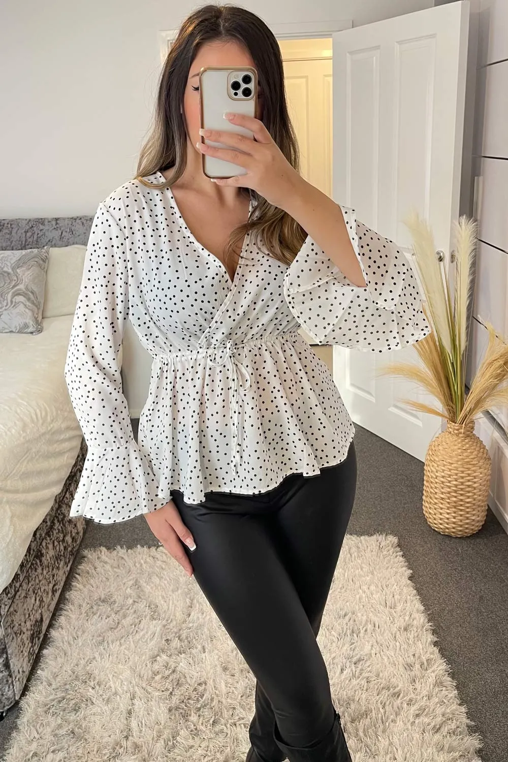 Careen White Polka Dot Plunge Drawstring Frill Hem Top