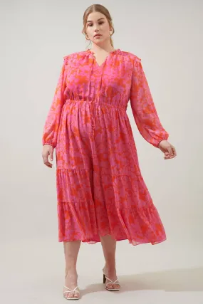 CAROLINA REAPER PINK AND RED KRISTEN TIERED MIDI DRESS CURVE