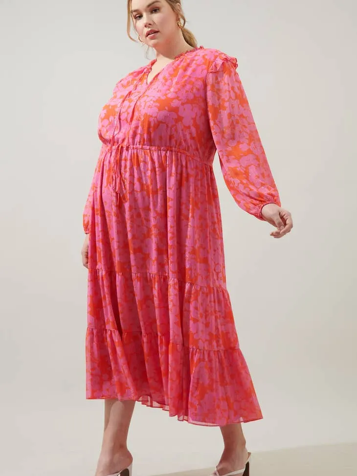 CAROLINA REAPER PINK AND RED KRISTEN TIERED MIDI DRESS CURVE