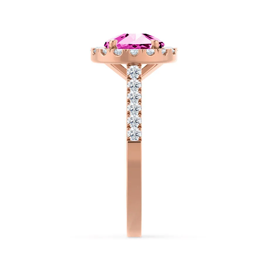 CECILY - Chatham® Lab Grown Pink Sapphire & Diamond 18k Rose Gold Halo Ring