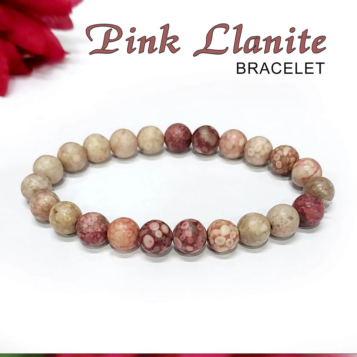 Certified Pink Llanite 8mm Natural Stone Bracelet