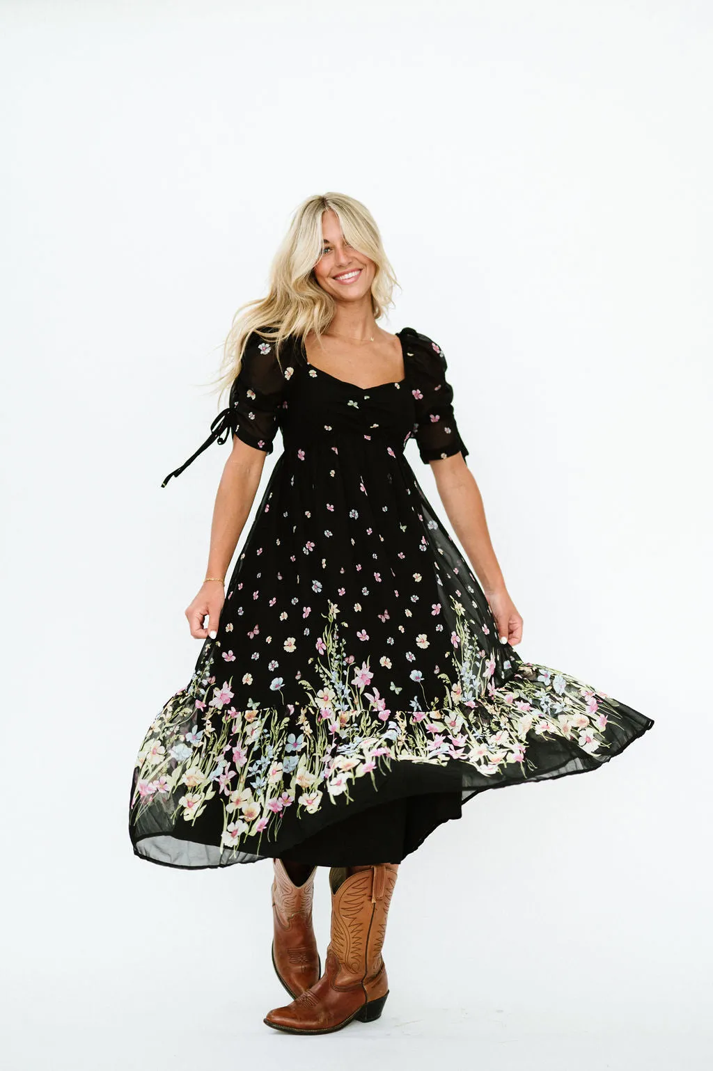 Chancy Midi Floral Dress in Black