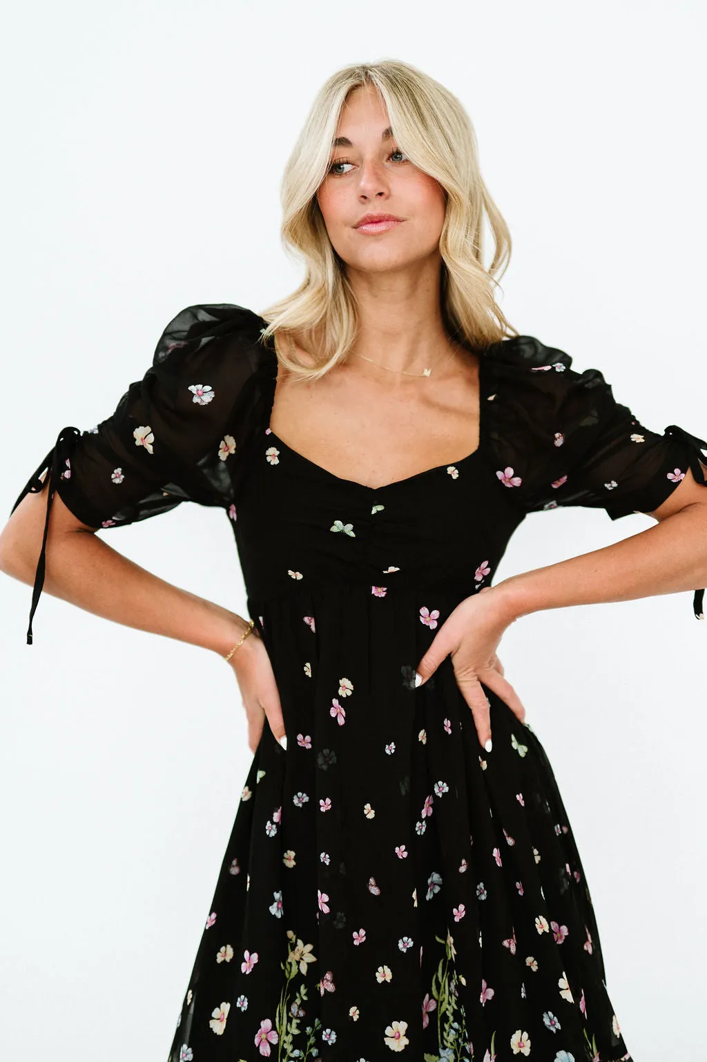 Chancy Midi Floral Dress in Black