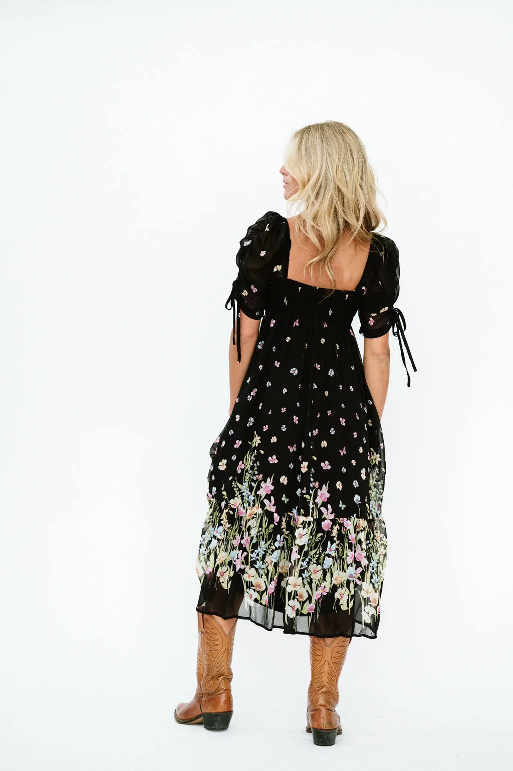 Chancy Midi Floral Dress in Black