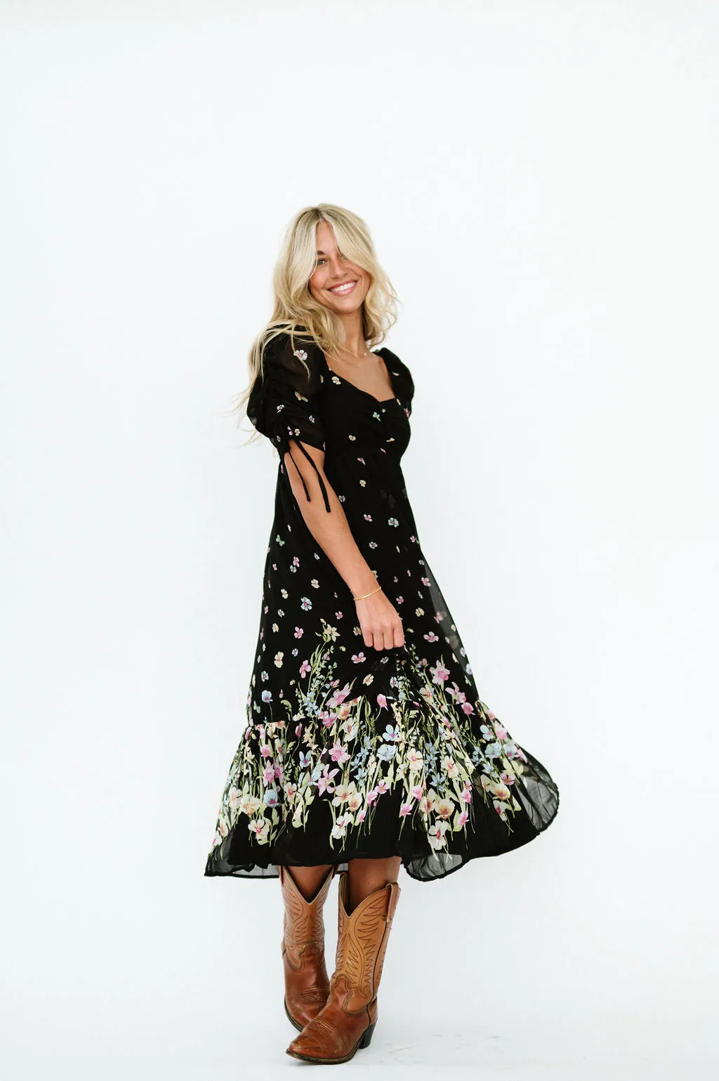 Chancy Midi Floral Dress in Black