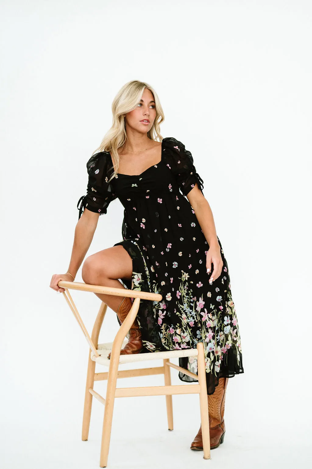 Chancy Midi Floral Dress in Black