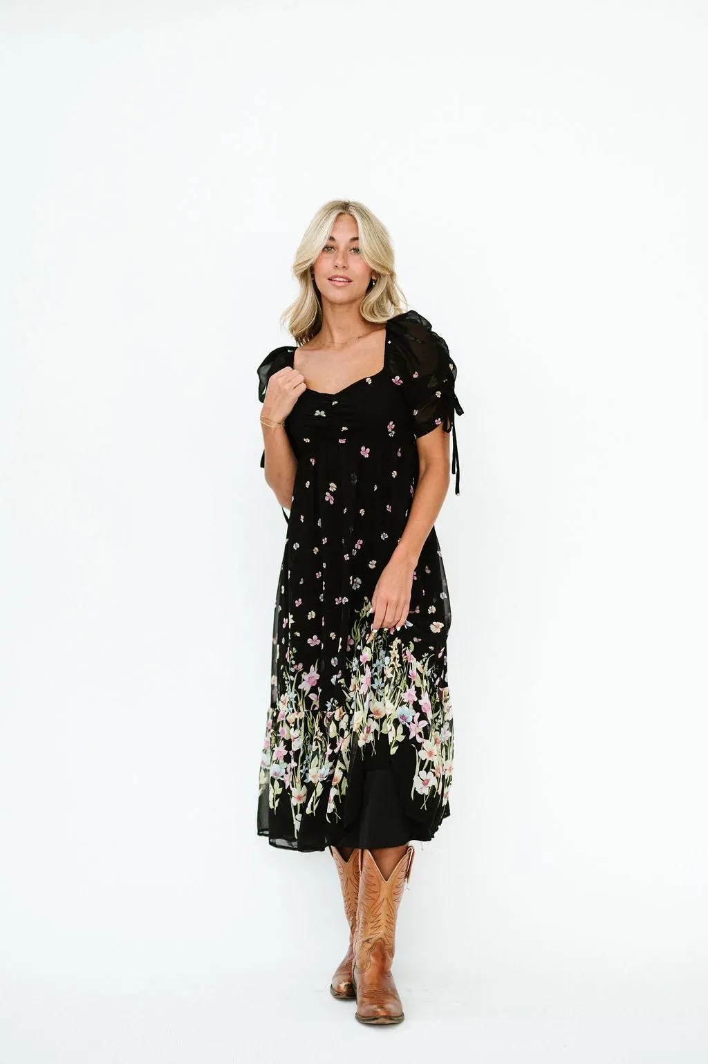 Chancy Midi Floral Dress in Black