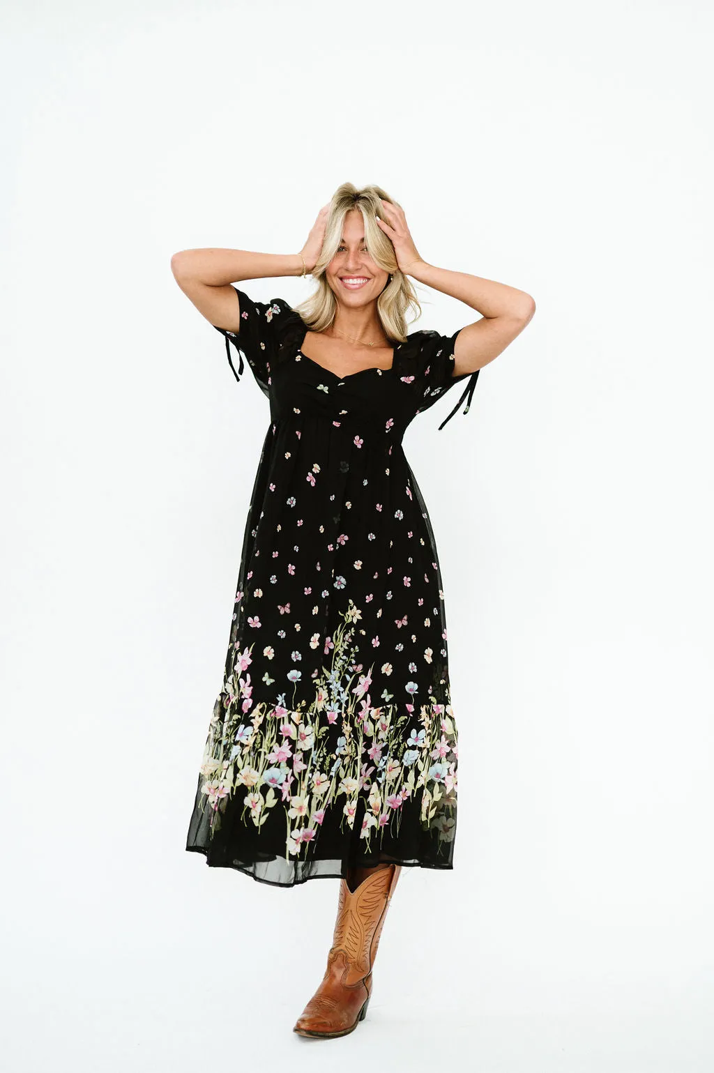 Chancy Midi Floral Dress in Black