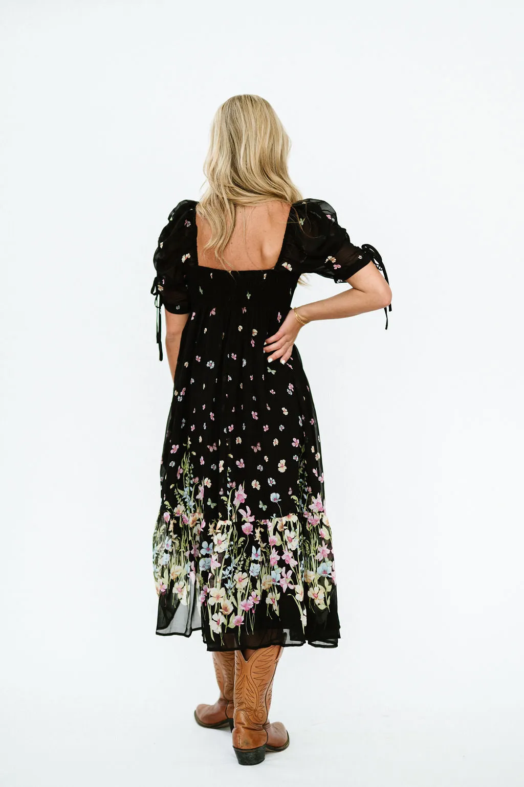 Chancy Midi Floral Dress in Black