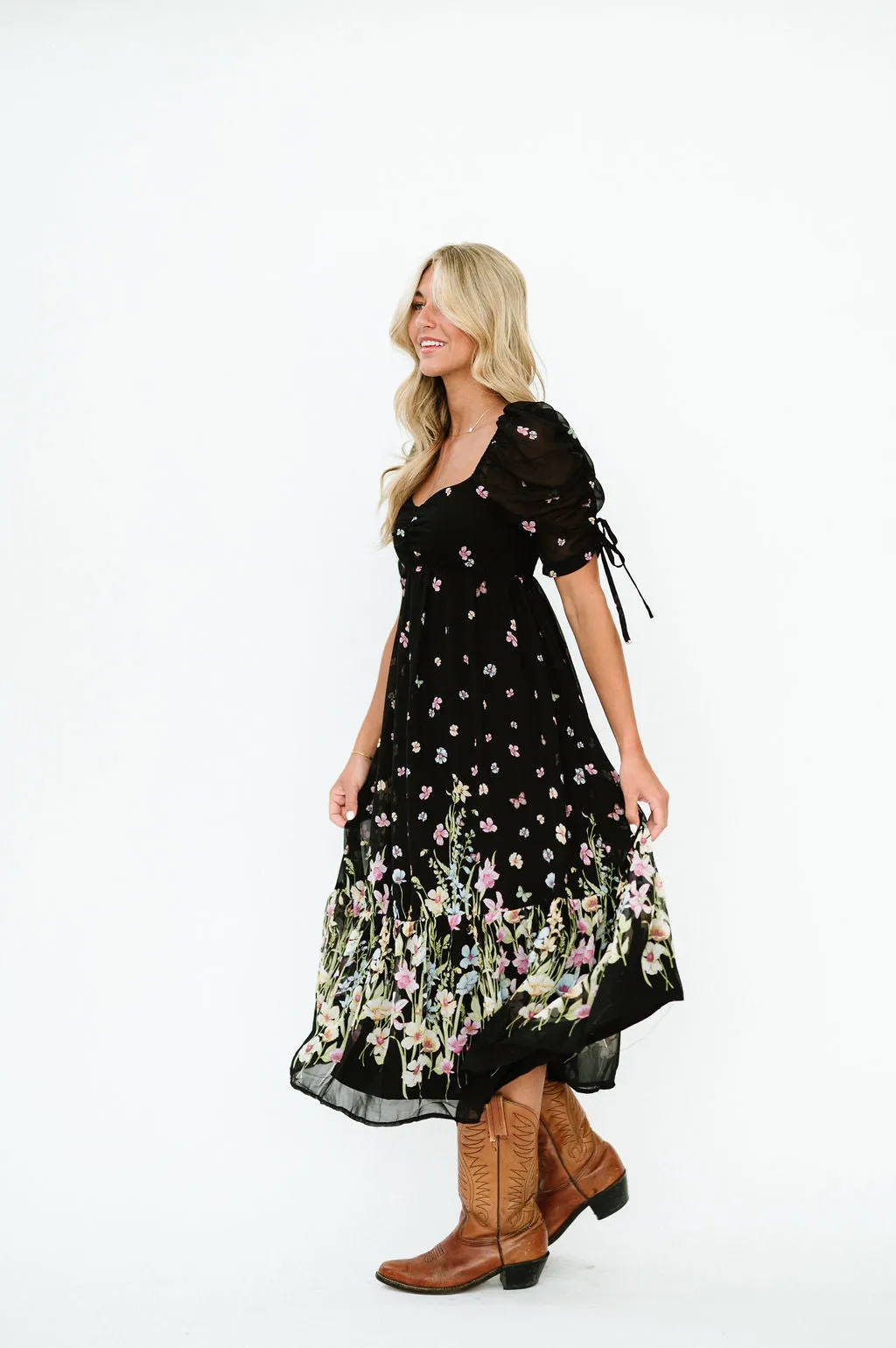 Chancy Midi Floral Dress in Black