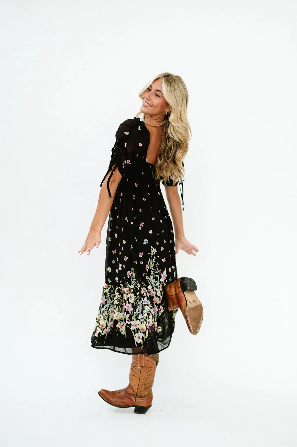 Chancy Midi Floral Dress in Black