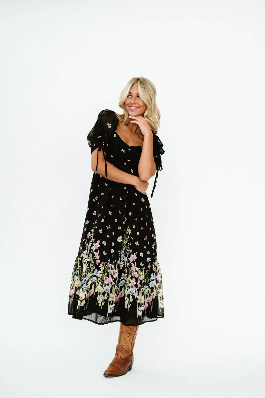 Chancy Midi Floral Dress in Black