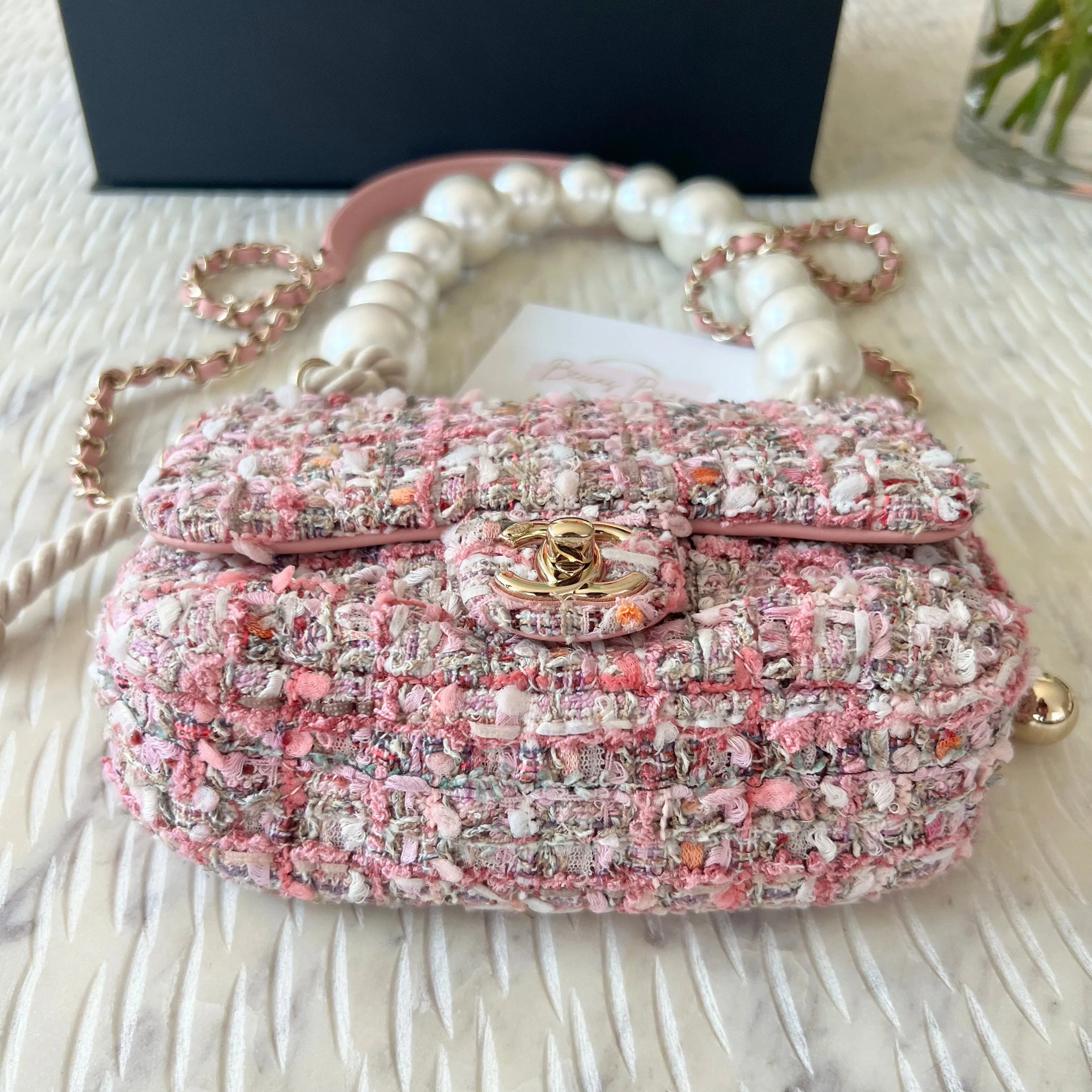 Chanel Mini Pearl Handle Flap Bag in Pink Tweed