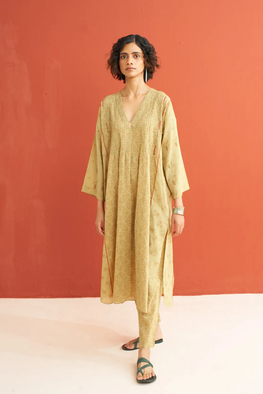 Chartreuse Fluted hand block printed kurta & Pant set