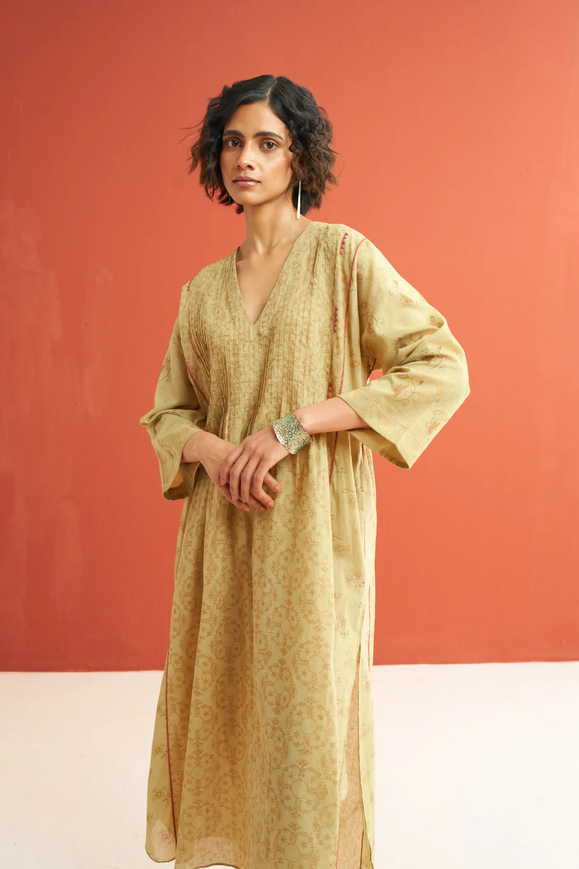 Chartreuse Fluted hand block printed kurta & Pant set