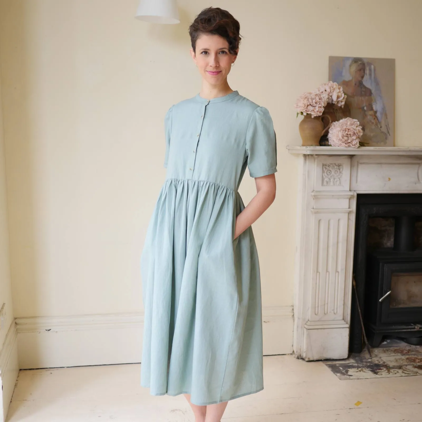 Collarless Dress - Duck Egg