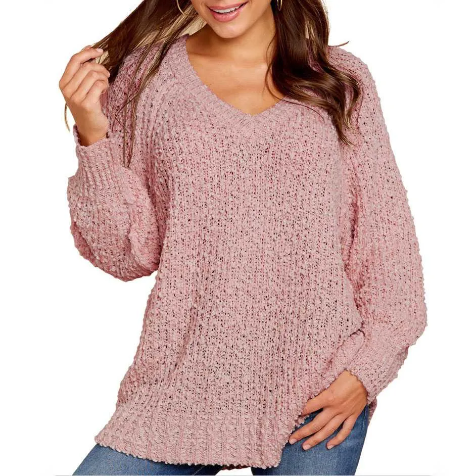 Comfy Oversized V Neck Popcorn Sweater Pullover