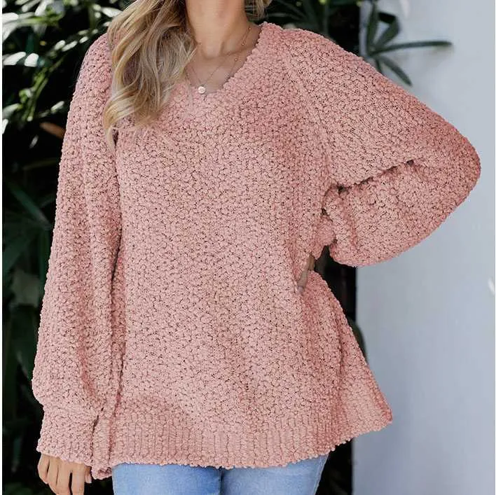 Comfy Oversized V Neck Popcorn Sweater Pullover