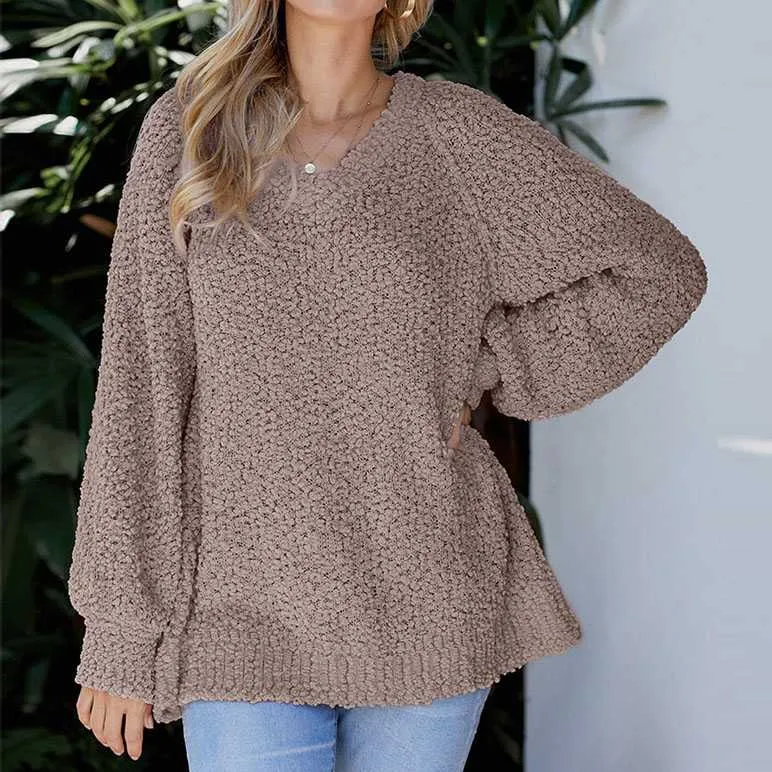 Comfy Oversized V Neck Popcorn Sweater Pullover