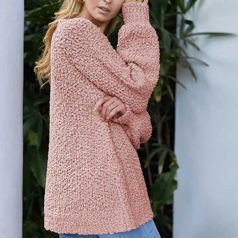 Comfy Oversized V Neck Popcorn Sweater Pullover