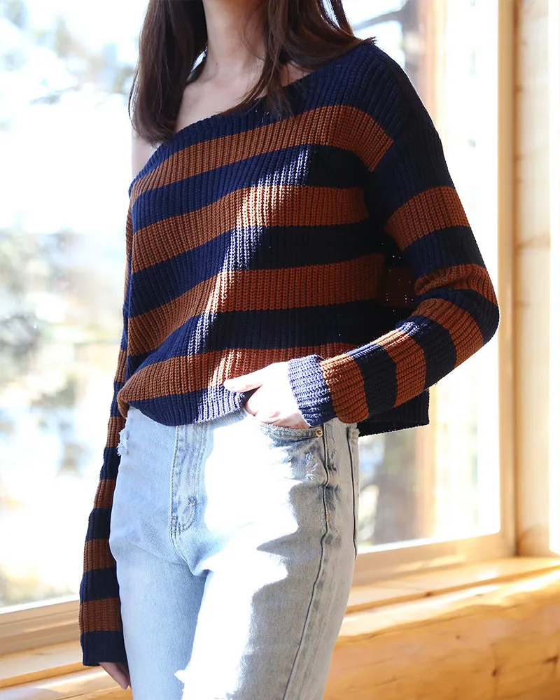 Cotton Candy LA - Off the Shoulder Striped Cropped Women's Sweater in Navy