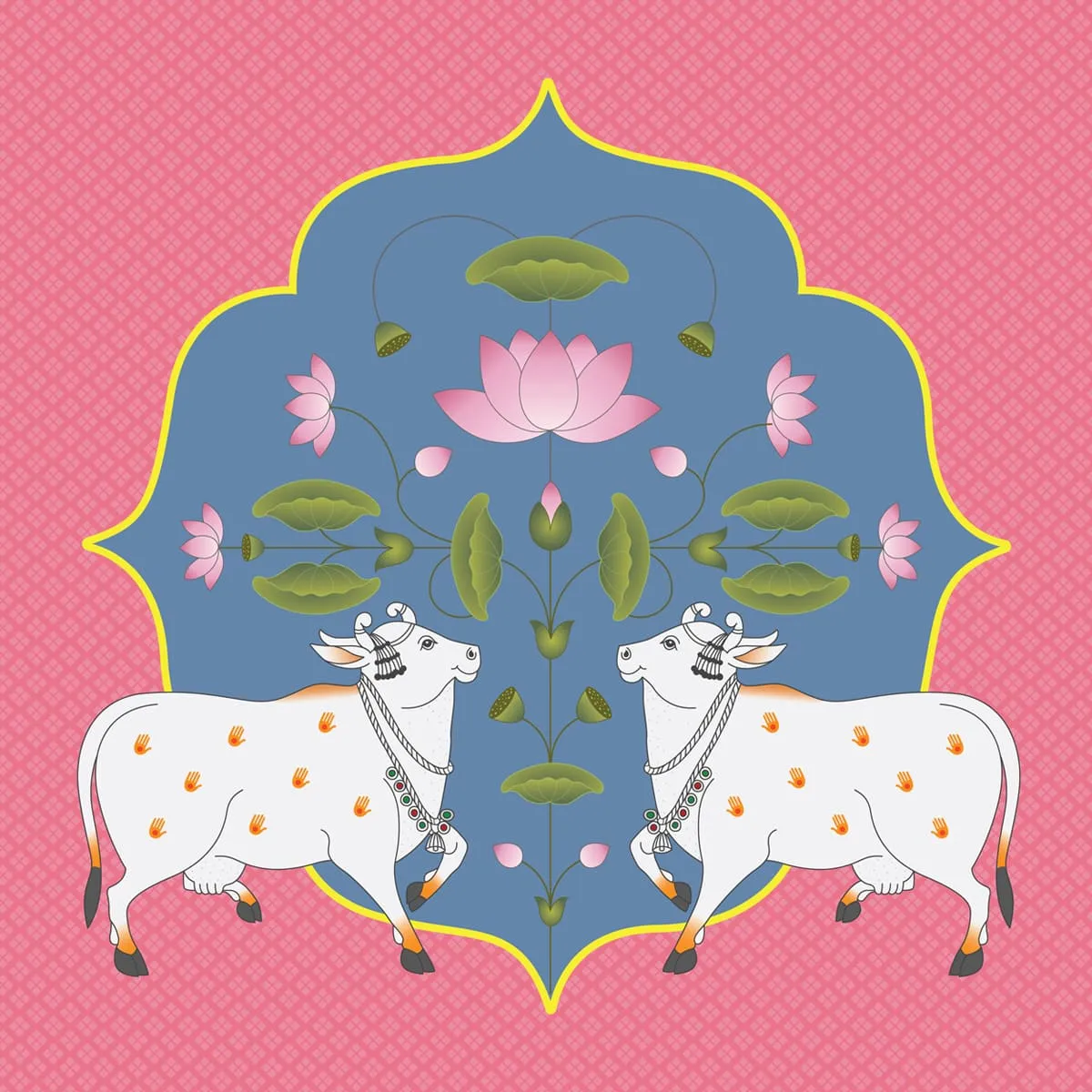 Cows and Lotus In Pichwai Style Wallpaper, Pink & Blue, Customised