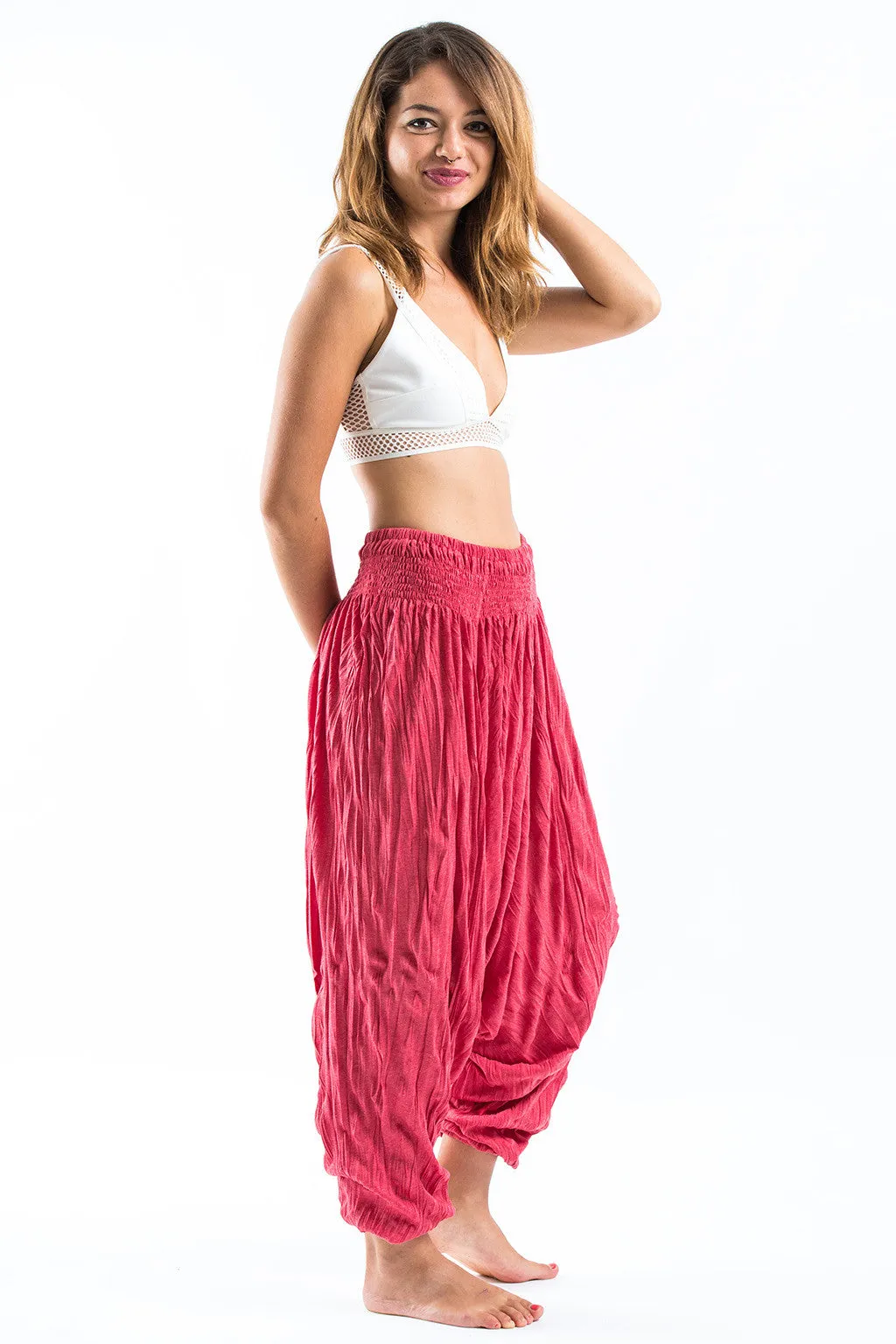 Crinkled Cotton Harem Pants in Red