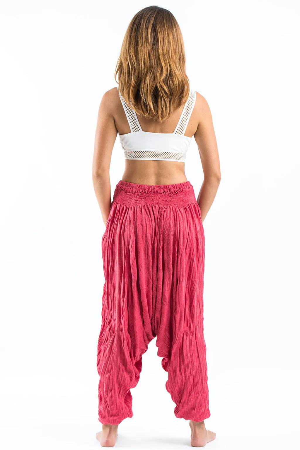 Crinkled Cotton Harem Pants in Red