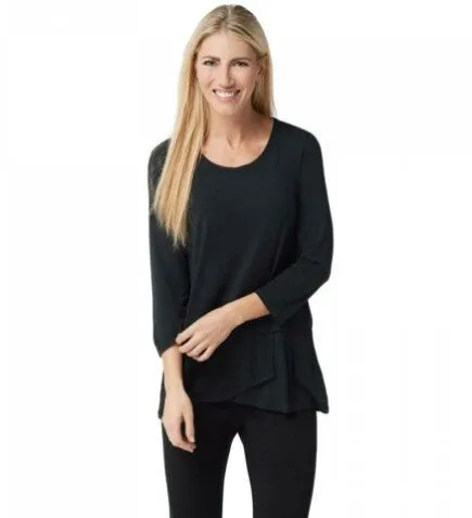 Cuddl Duds Womens Softwear Stretch 3/4 Sleeve Peplum Top, Black, Medium