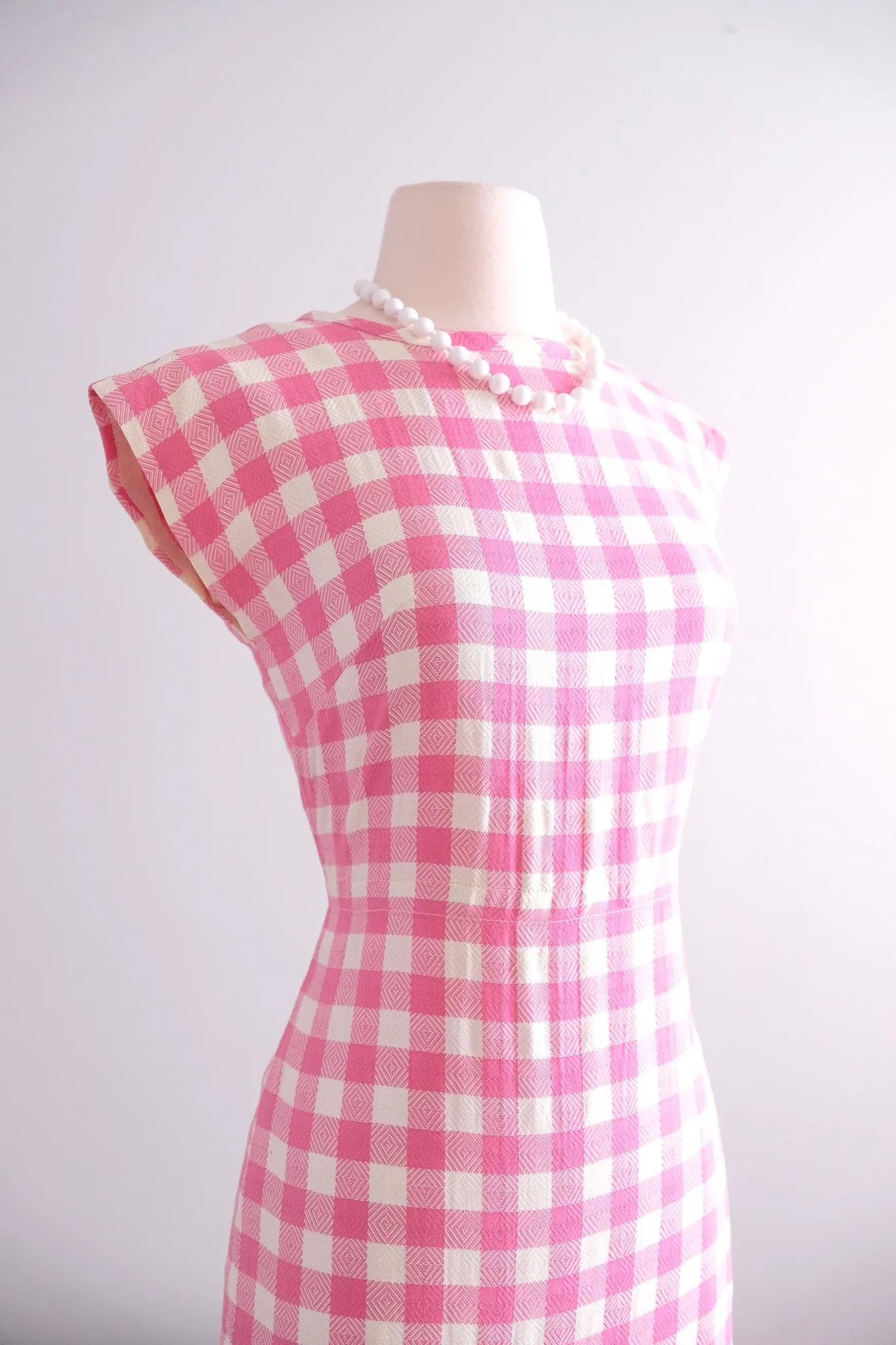 Darling 1950's Barbie Pink & White Gingham Wiggle Dress / Sz S