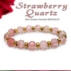 Diamond Cut Strawberry Quartz With Golden Hematite Natural Stone Bracelet