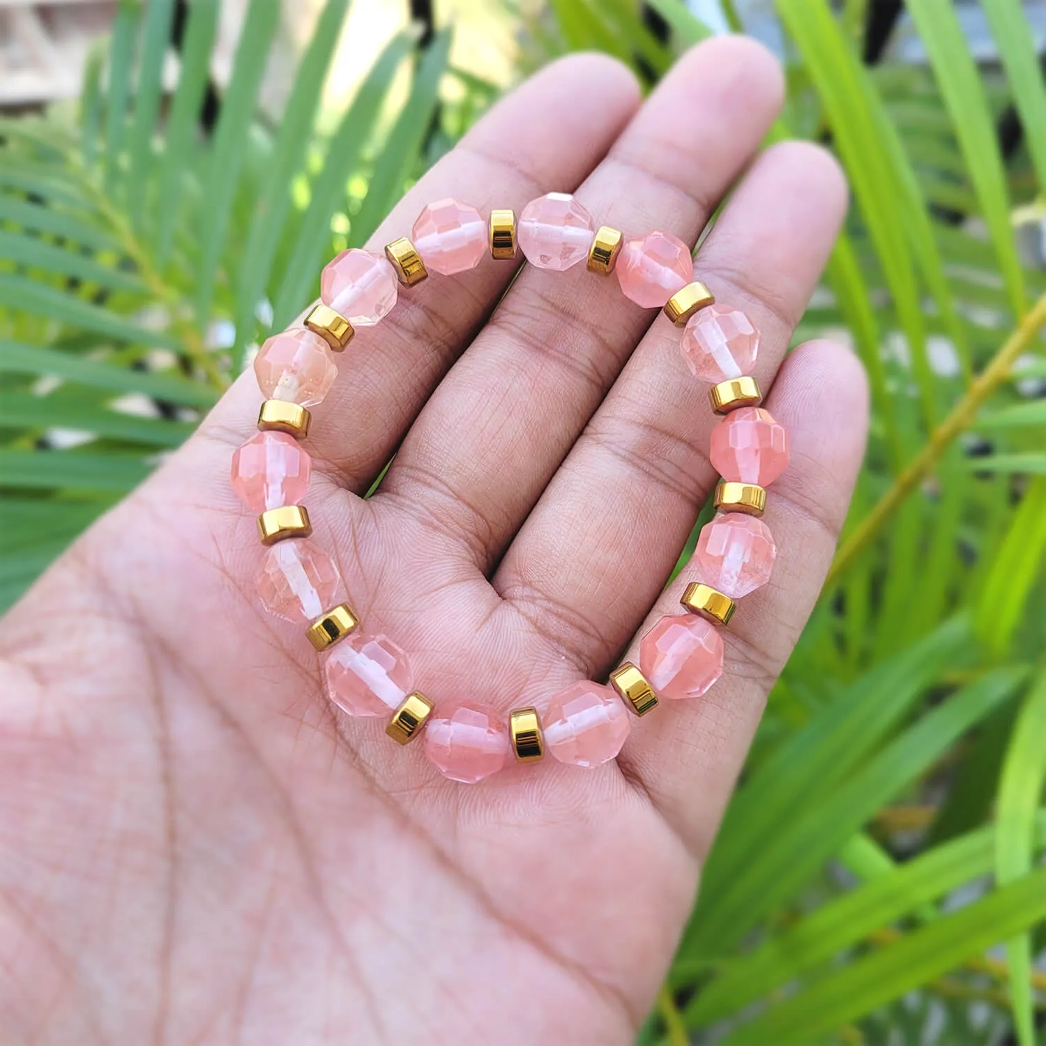 Diamond Cut Strawberry Quartz With Golden Hematite Natural Stone Bracelet