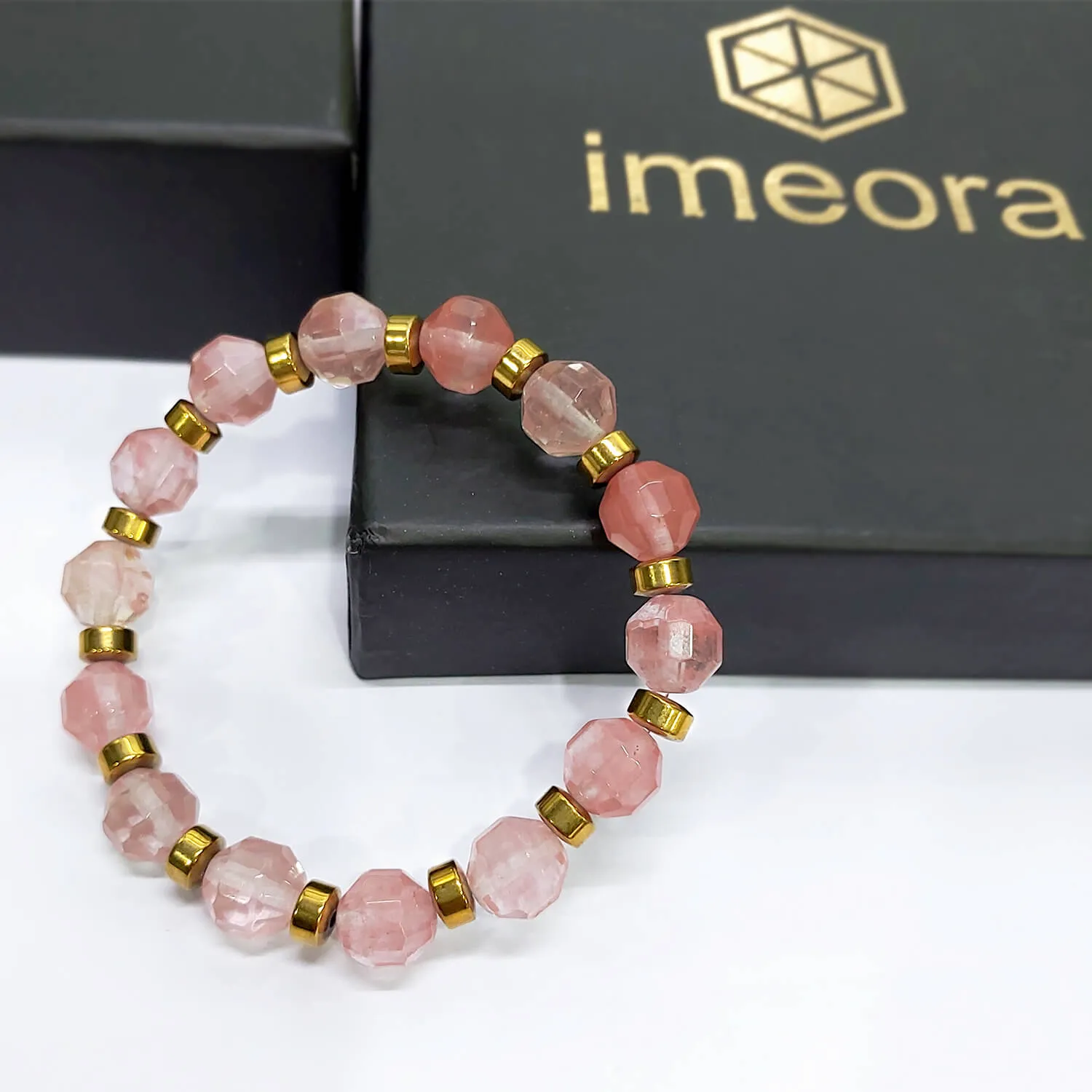 Diamond Cut Strawberry Quartz With Golden Hematite Natural Stone Bracelet