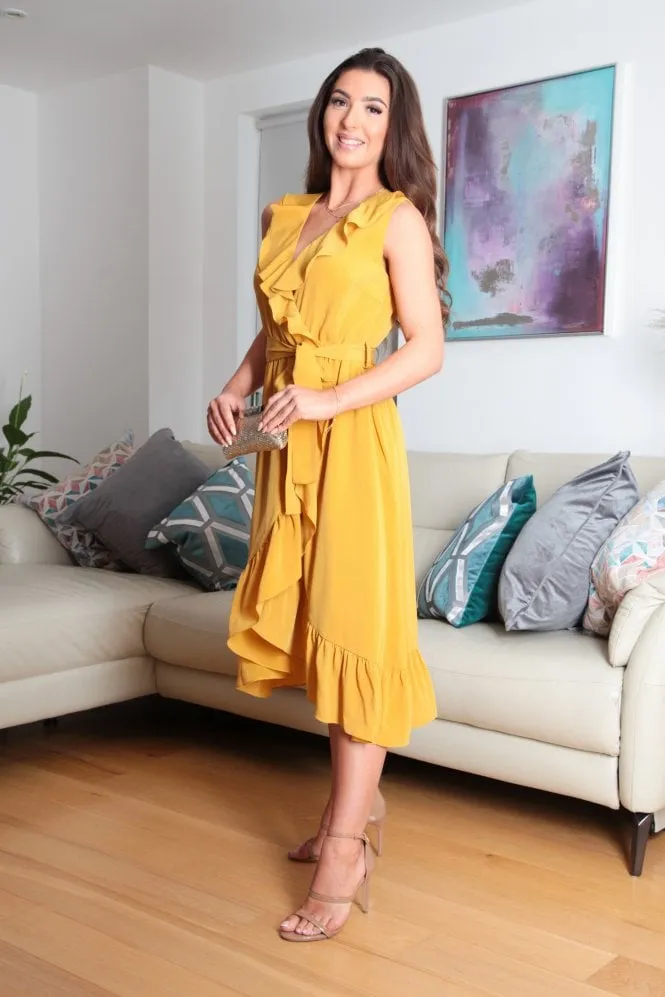 Double Second Sleeveless Yellow Wrap Dress With Frill